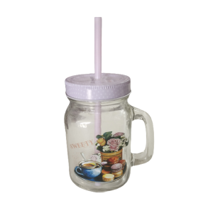 CANECA ESTAMPADA  DE VIDRO COM CANUDO